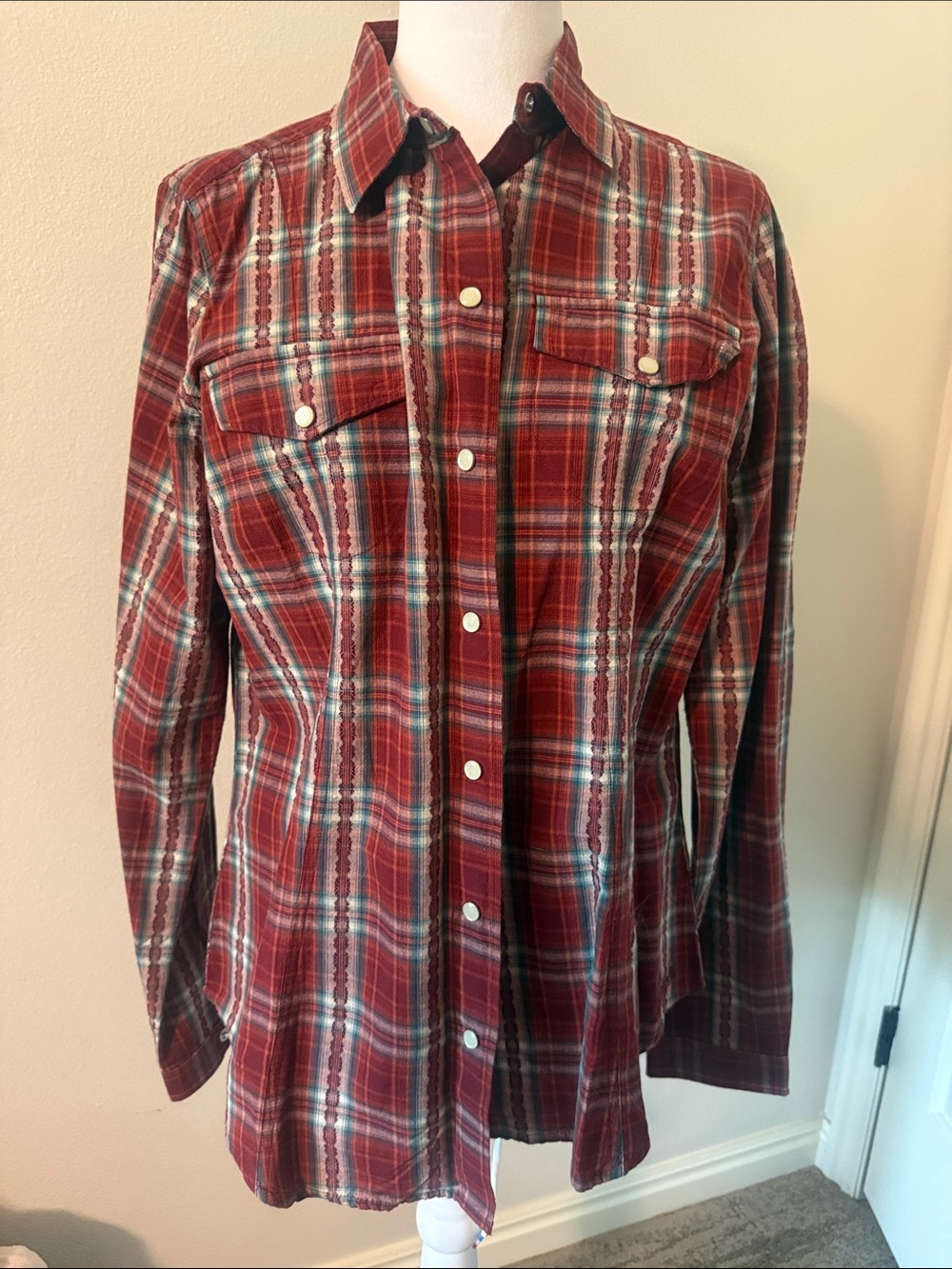 Woolrich Red Plaid Women's Shirt Rust  with Teal Accents